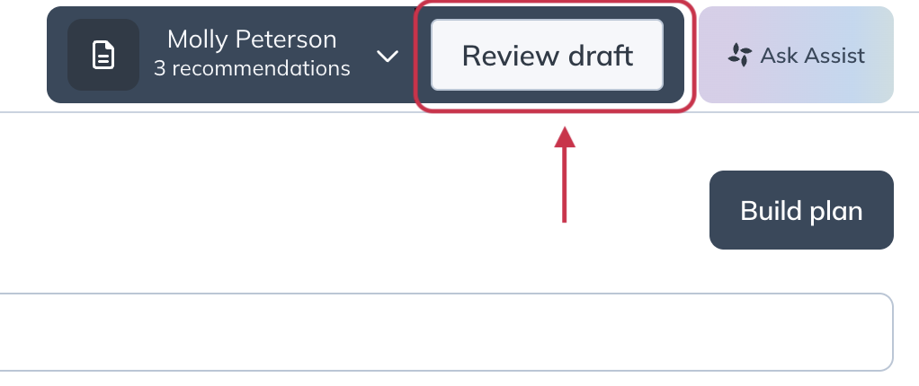 The plan drawer with the Review draft button highlighted.